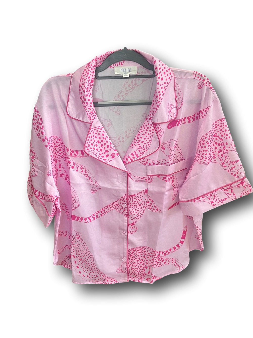 NWOT Peach Love California Pink Satin Button-Front Leopard Print Pajama Top